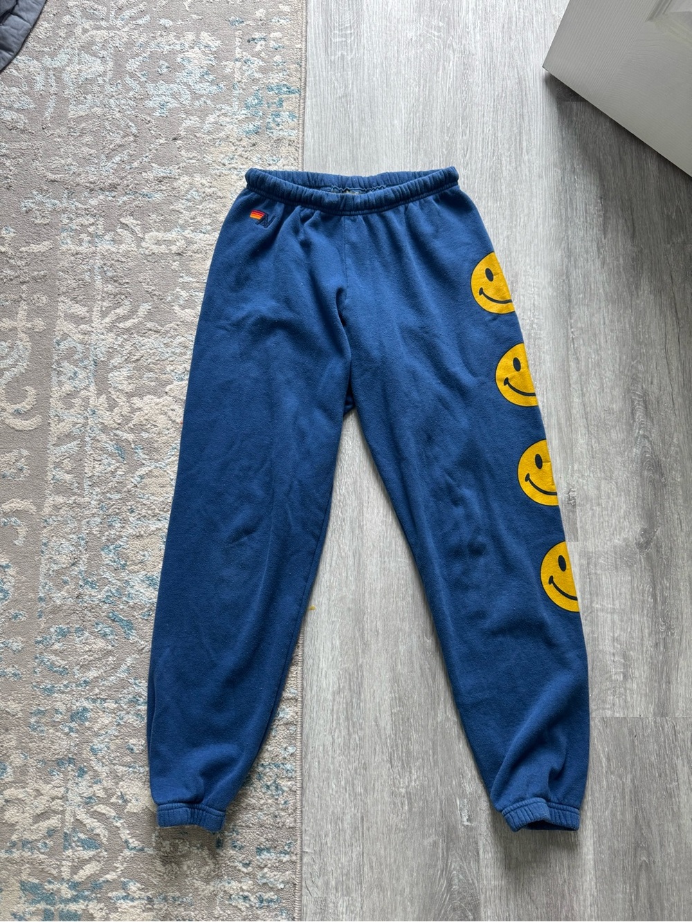 Aviator Nation Blue Sweatpants with Yellow Smiley Faces